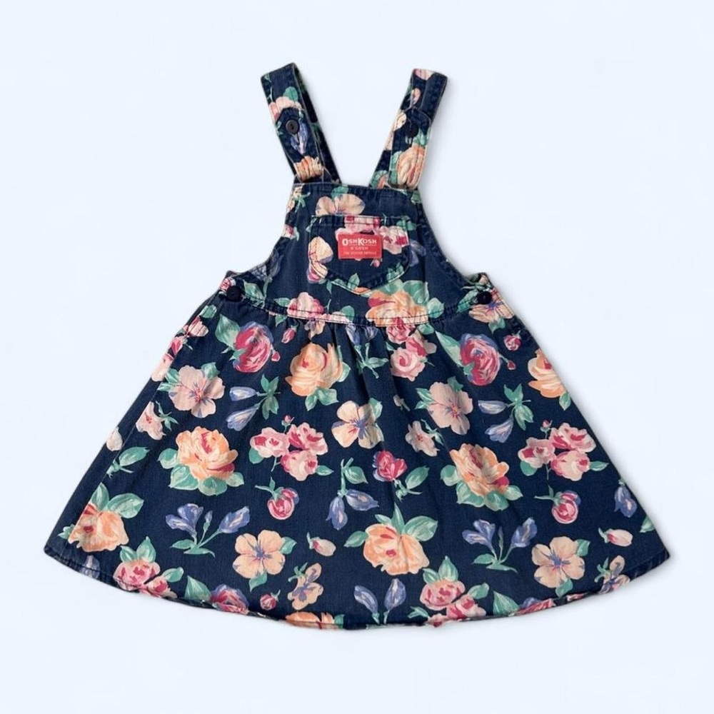 Vintage 90s Oshkosh B’Gosh Navy Garden Party Floral Bow Back Skirtall Dress